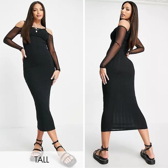 Topshop Tall mesh off the shoulder rib cut out dress in black 🖤 XL / 14 🖤 BNWT - Picture 10 of 14